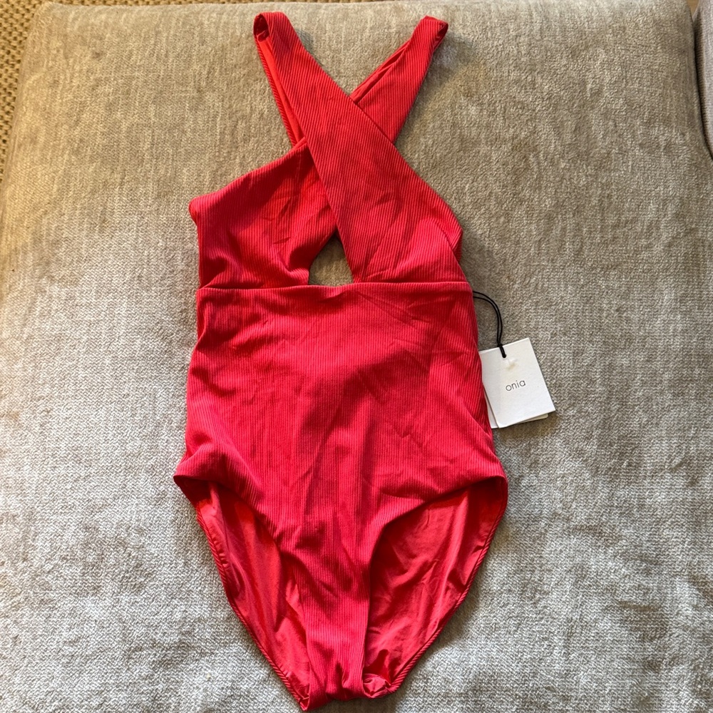 Onia Red Ribbed Crossback One-Piece Swimsuit